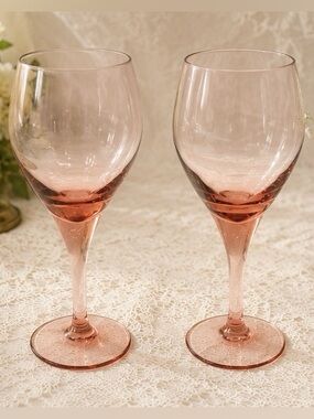 Pair (2) Vintage Tiffin-Fransican Revelation Pink 8” Wine Glasses Water Goblets